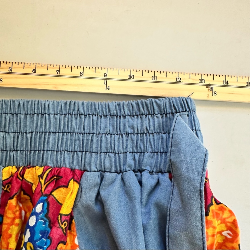 Boho Patchwork Denim Maxi Skirt Dashiki Tribal Print Elastic Waist One Size - Picture 9 of 10